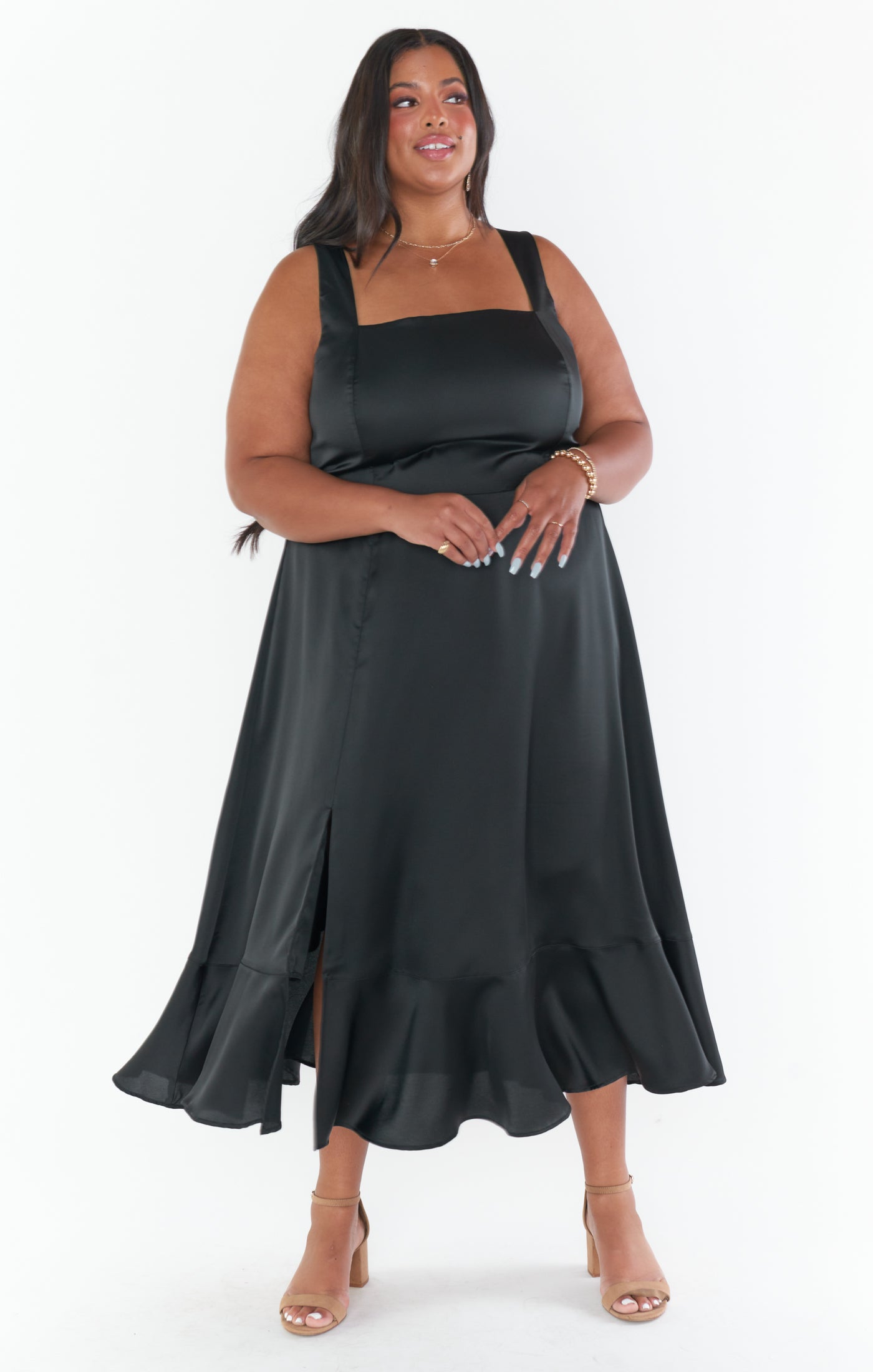 Claire Midi Dress ~ Black Luxe Satin