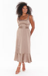 Smocked Satin Flowy Fitted Slit Dress With a Bow(s) and a Sash by Show Me Your Mumu
