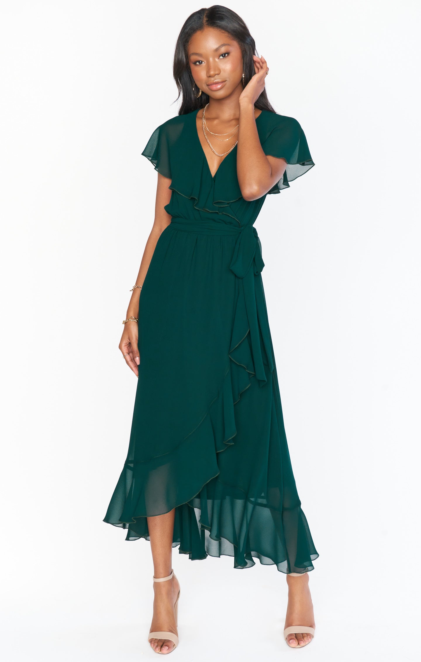 Jess Ruffle Midi Dress ~ Emerald Chiffon