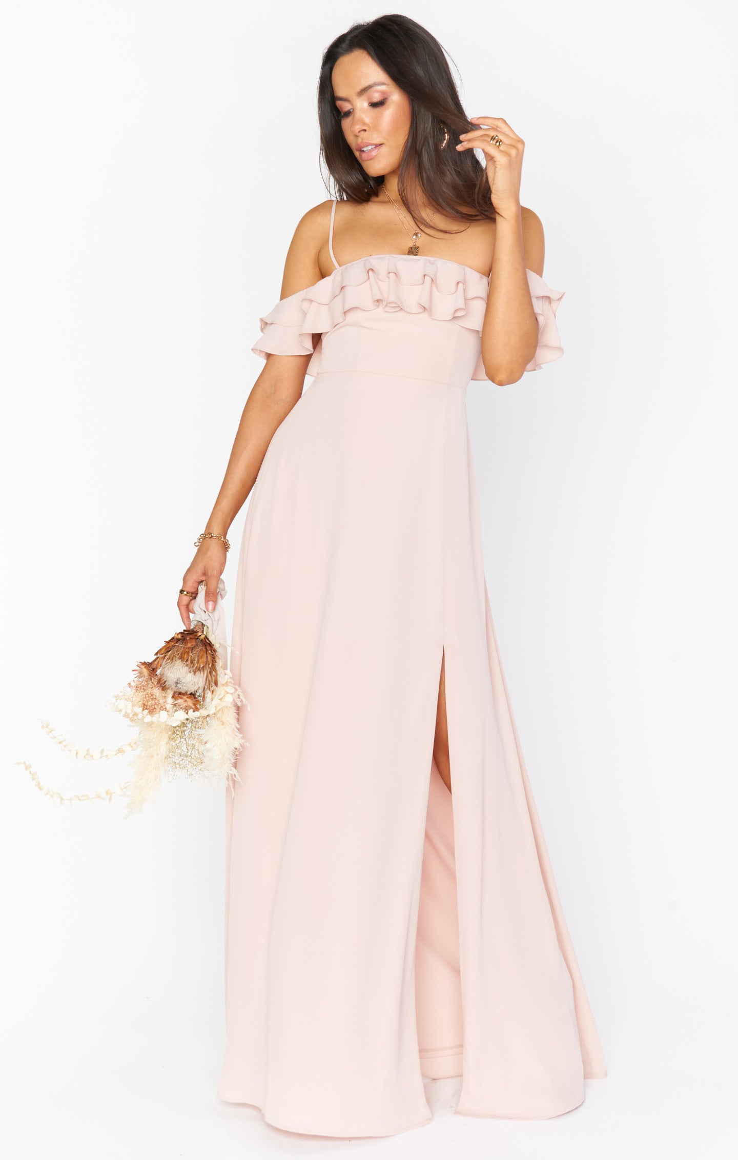 caitlin ruffle maxi dress dusty blush crisp