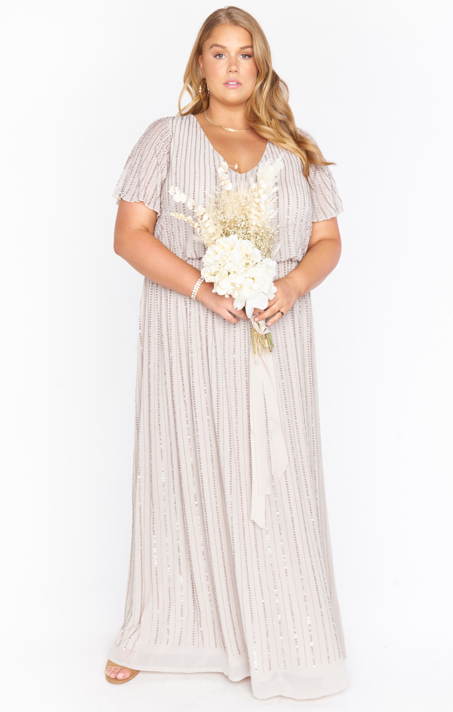 Michelle Flutter Maxi Dress ~ Dove Grey Beaded