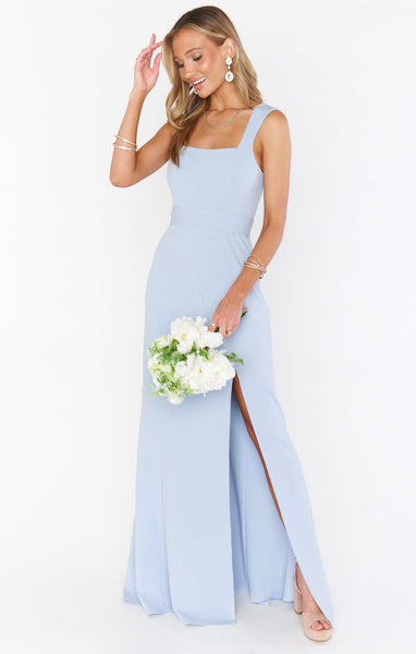 Fitted Slit Stretchy Square Neck Bridesmaid Dress/Maxi Dress With a Sash