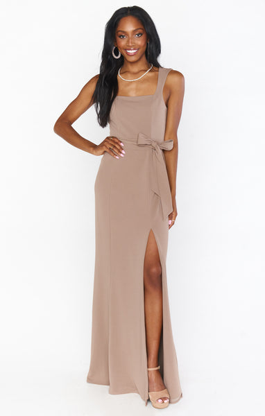 Slit Stretchy Fitted Square Neck Bridesmaid Dress/Maxi Dress With a Sash