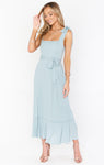 Smocked Square Neck Slit Flowy Fitted Midi Dress With a Bow(s) and a Sash