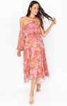One Shoulder Elasticized Waistline Floral Print Draped Midi Dress