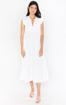 Tiered Pocketed Collared Elasticized Waistline Cap Sleeves Poplin Midi Dress With Ruffles