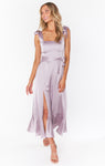 Satin Smocked Square Neck Flowy Slit Fitted Midi Dress With a Bow(s) and a Sash