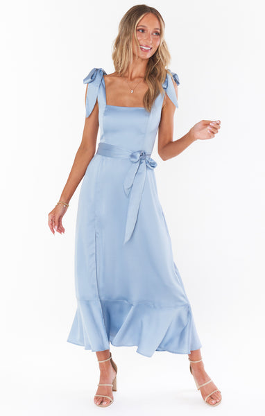 Satin Smocked Square Neck Fitted Slit Flowy Midi Dress With a Bow(s) and a Sash