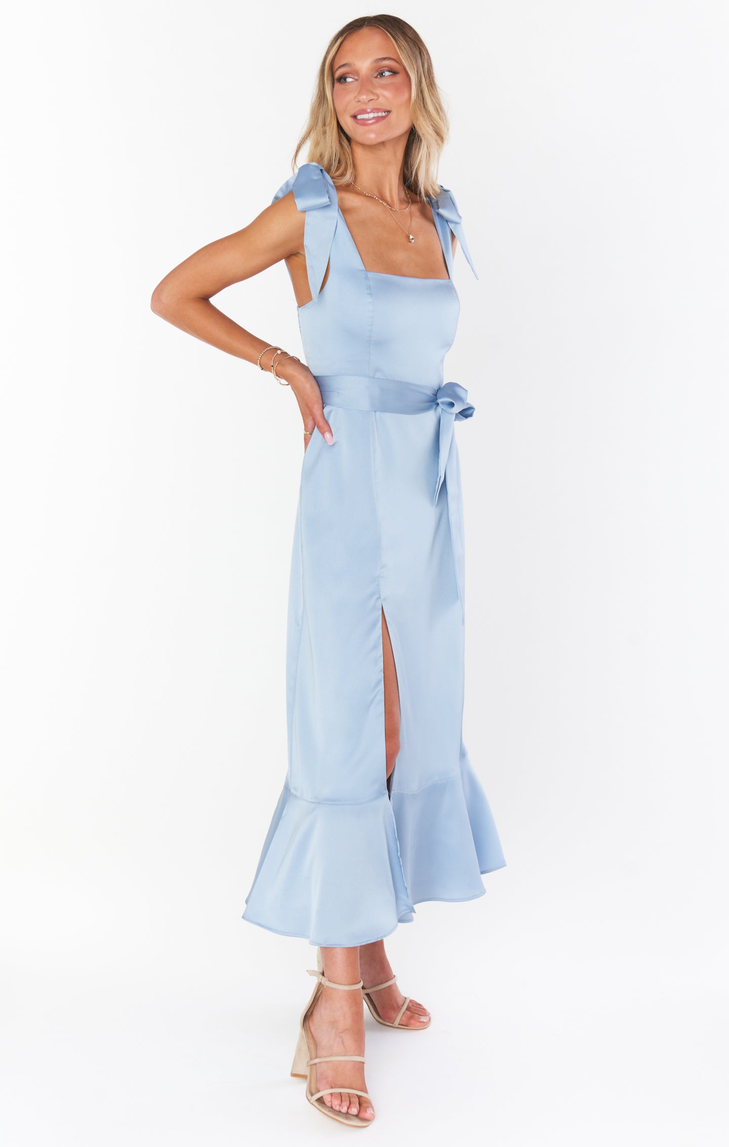 Claire Midi Dress ~ Steel Blue Luxe Satin