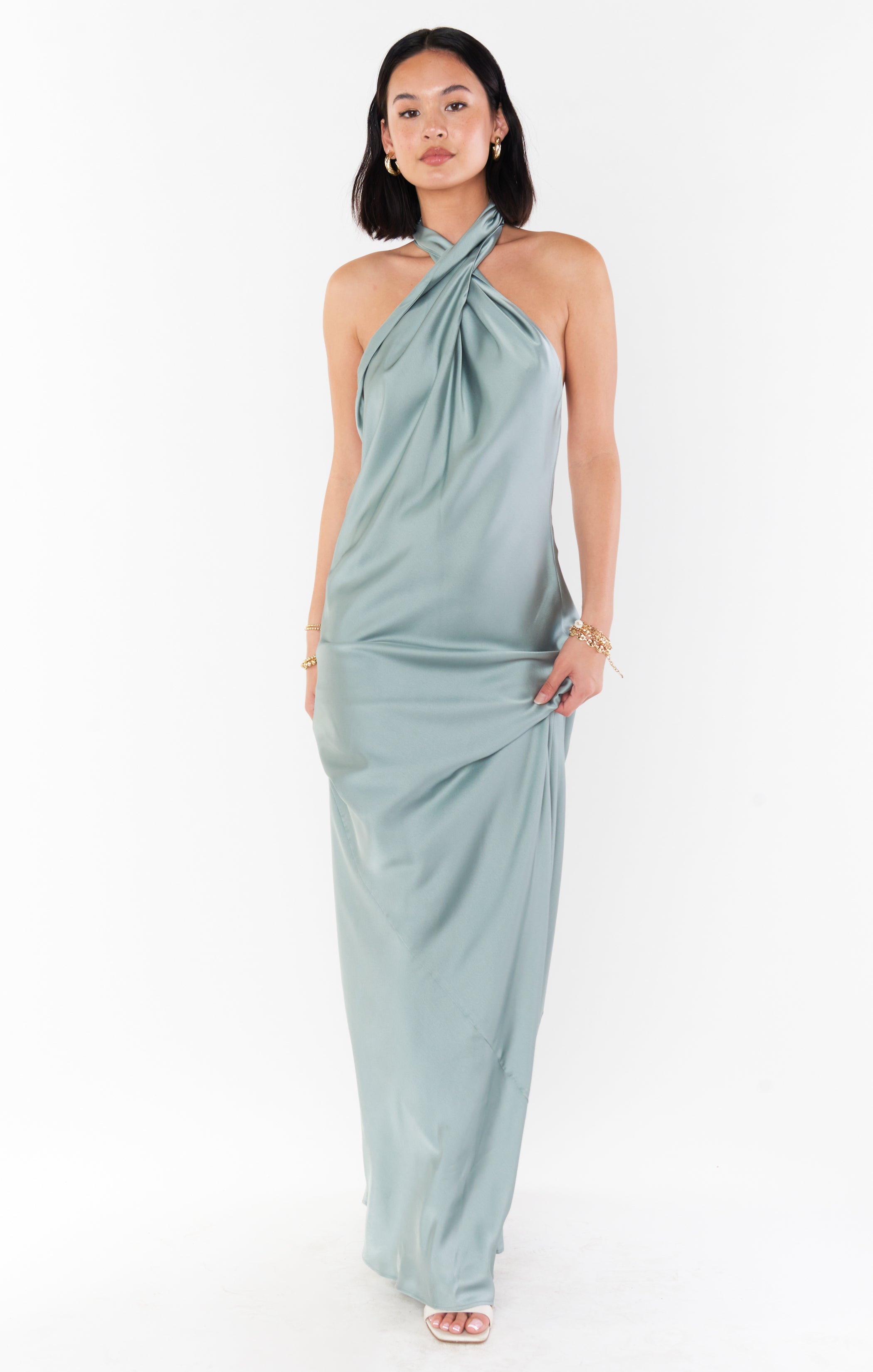 Jasmine Halter Maxi Dress ~ Silver Sage Luxe Satin