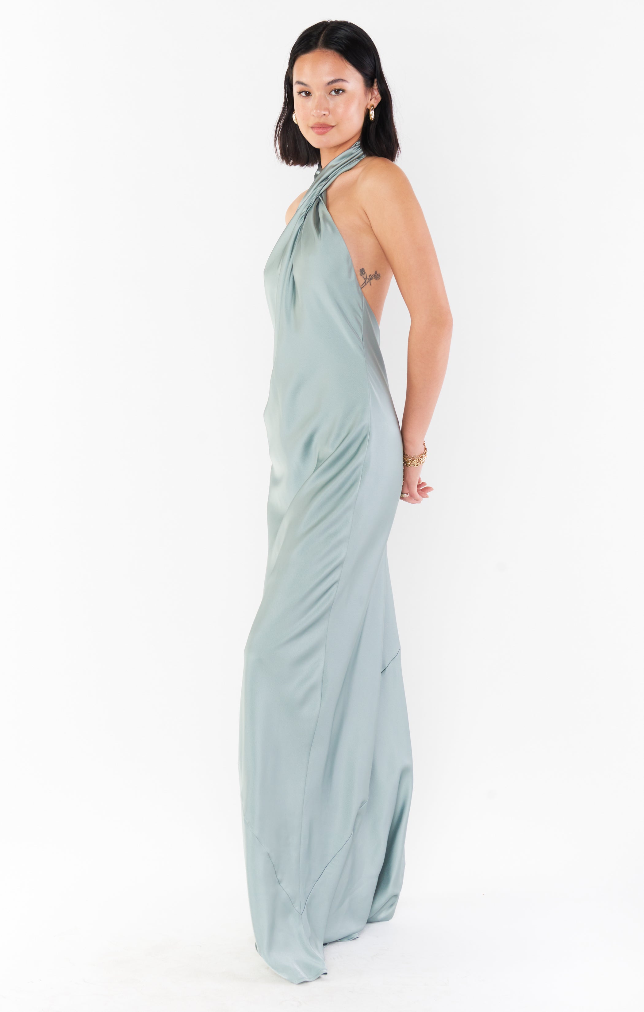 Jasmine Halter Maxi Dress ~ Silver Sage Luxe Satin