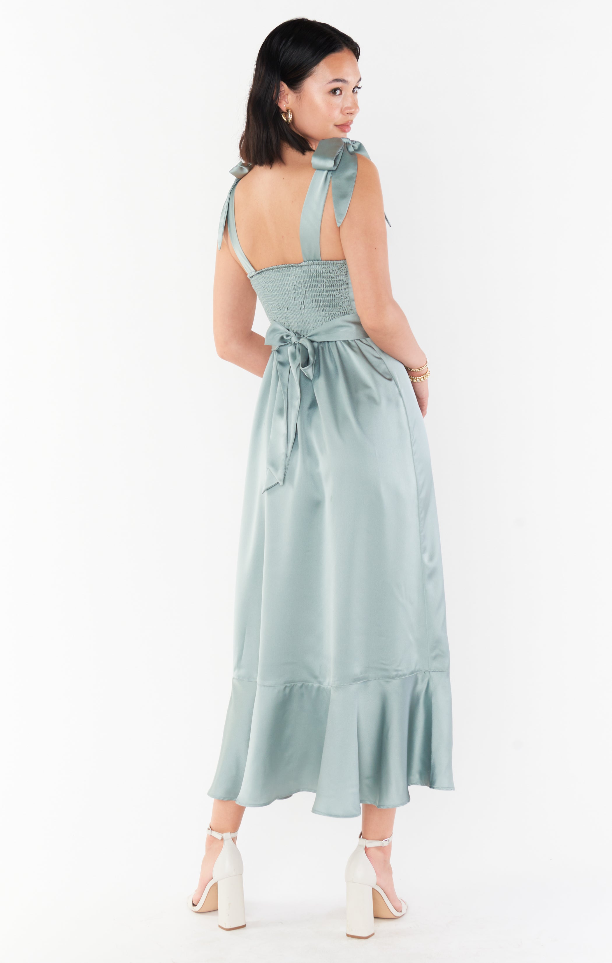 Claire Midi Dress ~ Silver Sage Luxe Satin