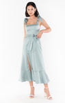 Smocked Satin Flowy Slit Fitted Dress With a Bow(s) and a Sash by Show Me Your Mumu