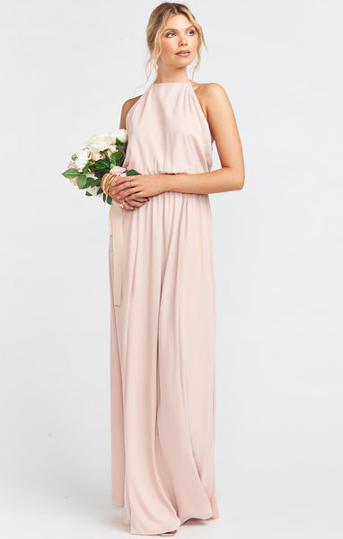 Elasticized Waistline Halter High-Neck Bridesmaid Dress With a Sash