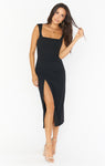 Square Neck Fitted Slit Stretchy Midi Dress With a Sash