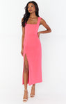 Slit Fitted Stretchy Square Neck Midi Dress With a Sash