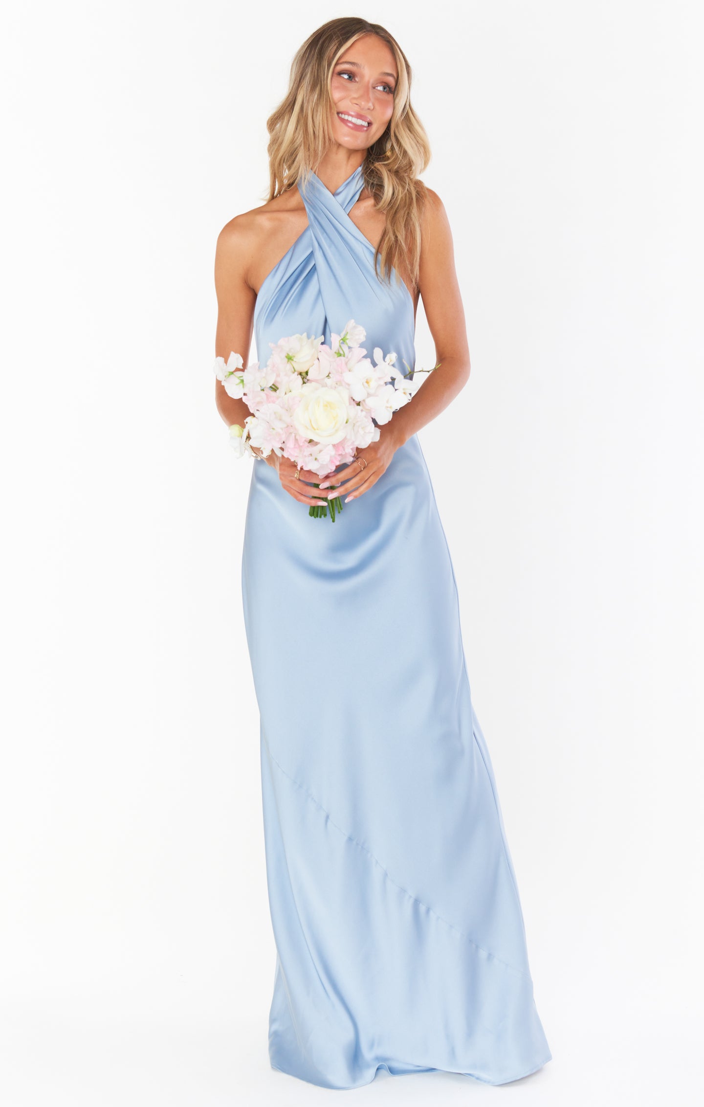 Jasmine Halter Maxi Dress ~ Steel Blue Luxe Satin