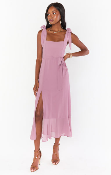 Smocked Square Neck Chiffon Flowy Fitted Slit Midi Dress With a Bow(s) and a Sash