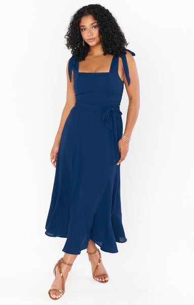 Smocked Square Neck Flowy Slit Fitted Midi Dress With a Bow(s) and a Sash