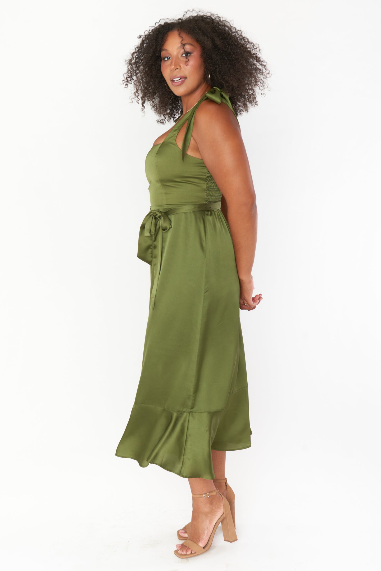 Claire Midi Dress ~ Rich Olive Luxe Satin