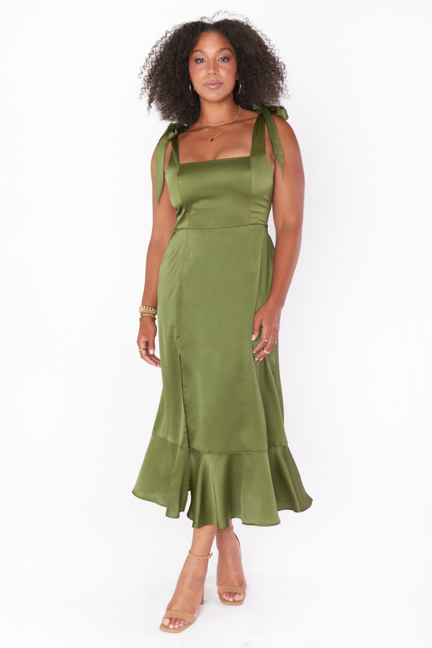 Claire Midi Dress ~ Rich Olive Luxe Satin