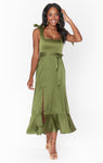 Smocked Flowy Fitted Slit Satin Dress With a Bow(s) and a Sash by Show Me Your Mumu