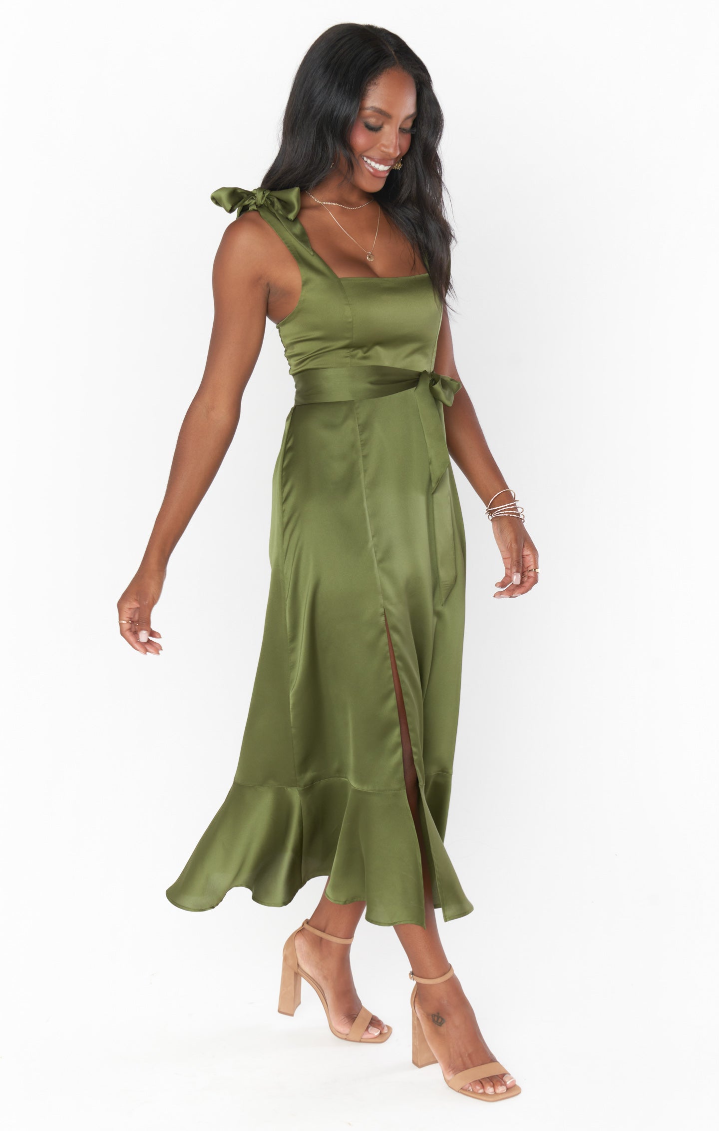 Claire Midi Dress ~ Rich Olive Luxe Satin