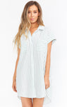 Striped Print Pocketed Button Front Shirt Dress