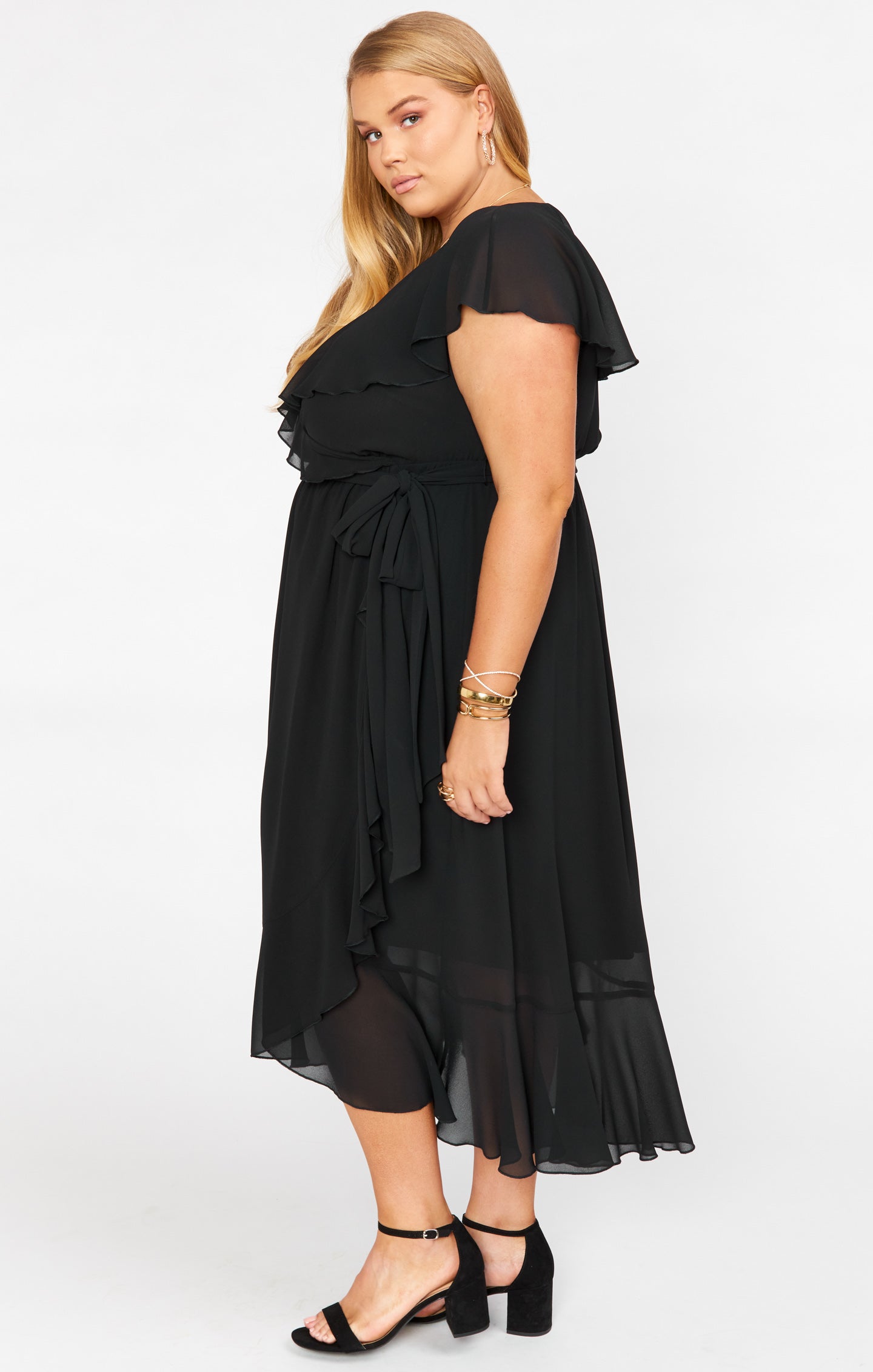 Jess Ruffle Midi Dress ~ Black Chiffon