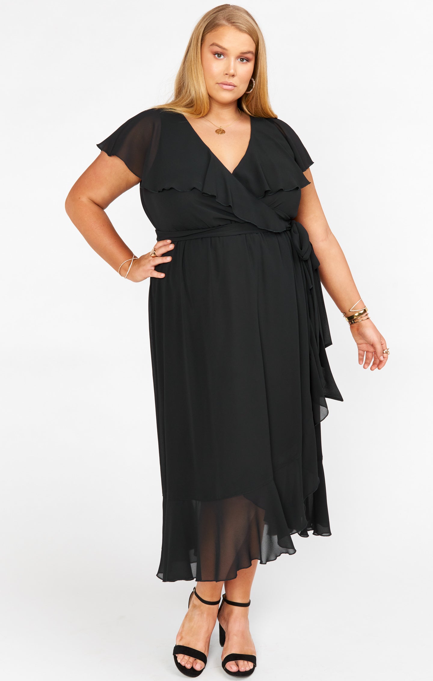 Jess Ruffle Midi Dress ~ Black Chiffon