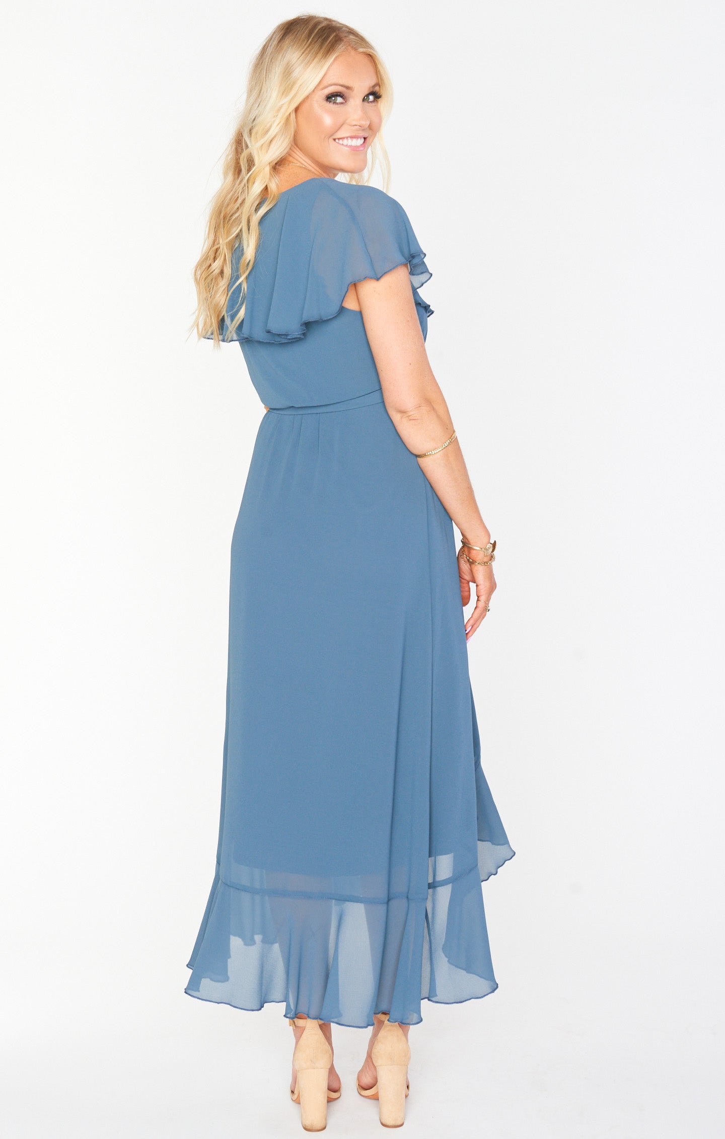 Jess Ruffle Midi Dress ~ Slate Blue Chiffon