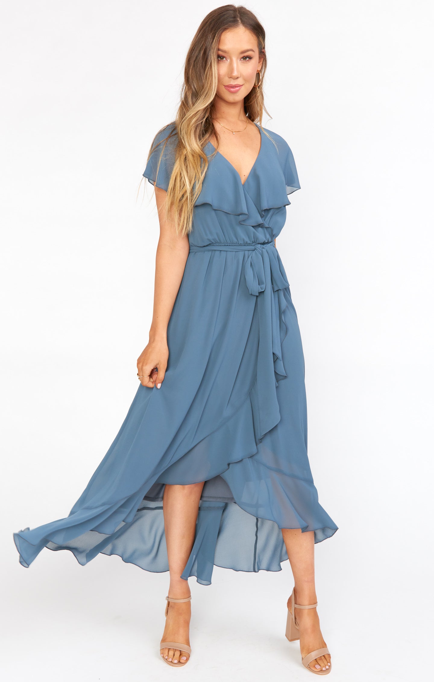 Jess Ruffle Midi Dress ~ Slate Blue Chiffon