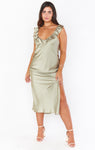 Slit Fitted Goddess Satin Slip Dress With Ruffles