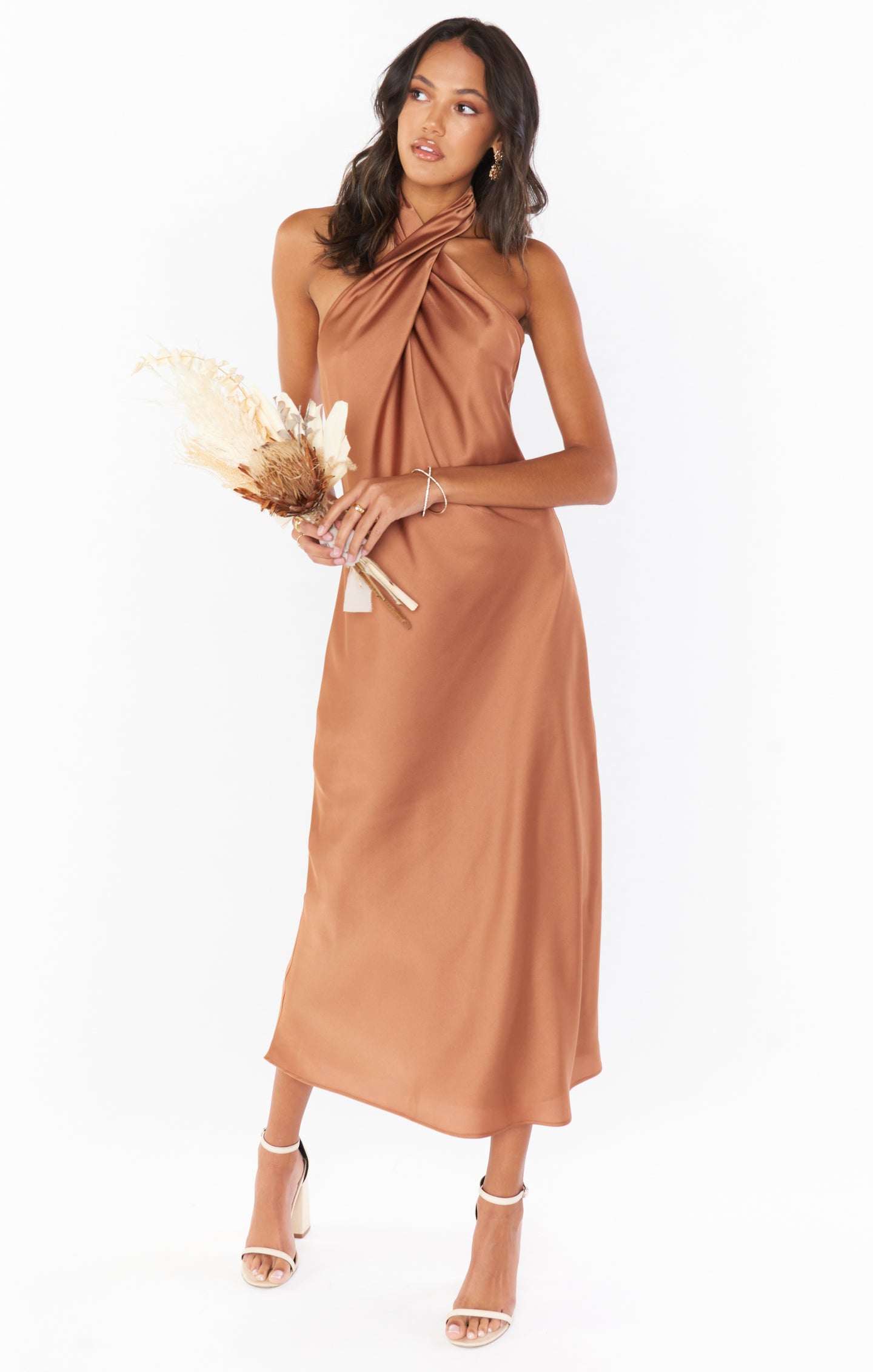 Jasmine Halter Midi Dress ~ Copper Luxe Satin