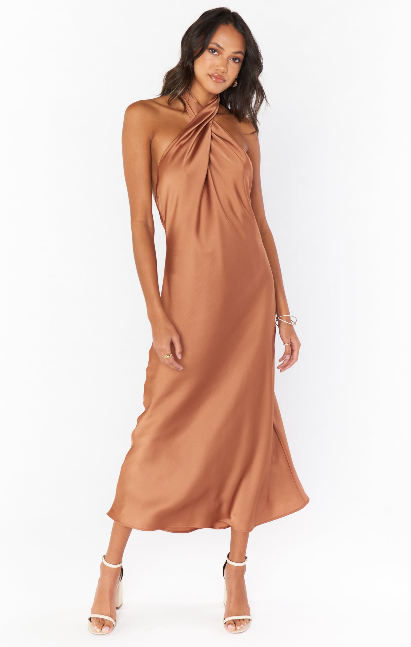 Jasmine Halter Midi Dress ~ Copper Luxe Satin