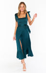 Fitted Slit Flowy Satin Smocked Dress With a Bow(s) and a Sash by Show Me Your Mumu