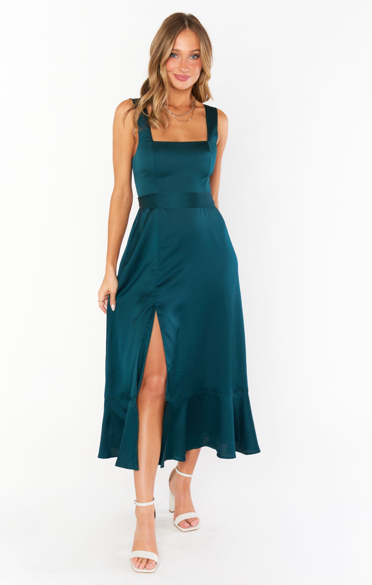 Claire Midi Dress ~ Deep Emerald Luxe Satin