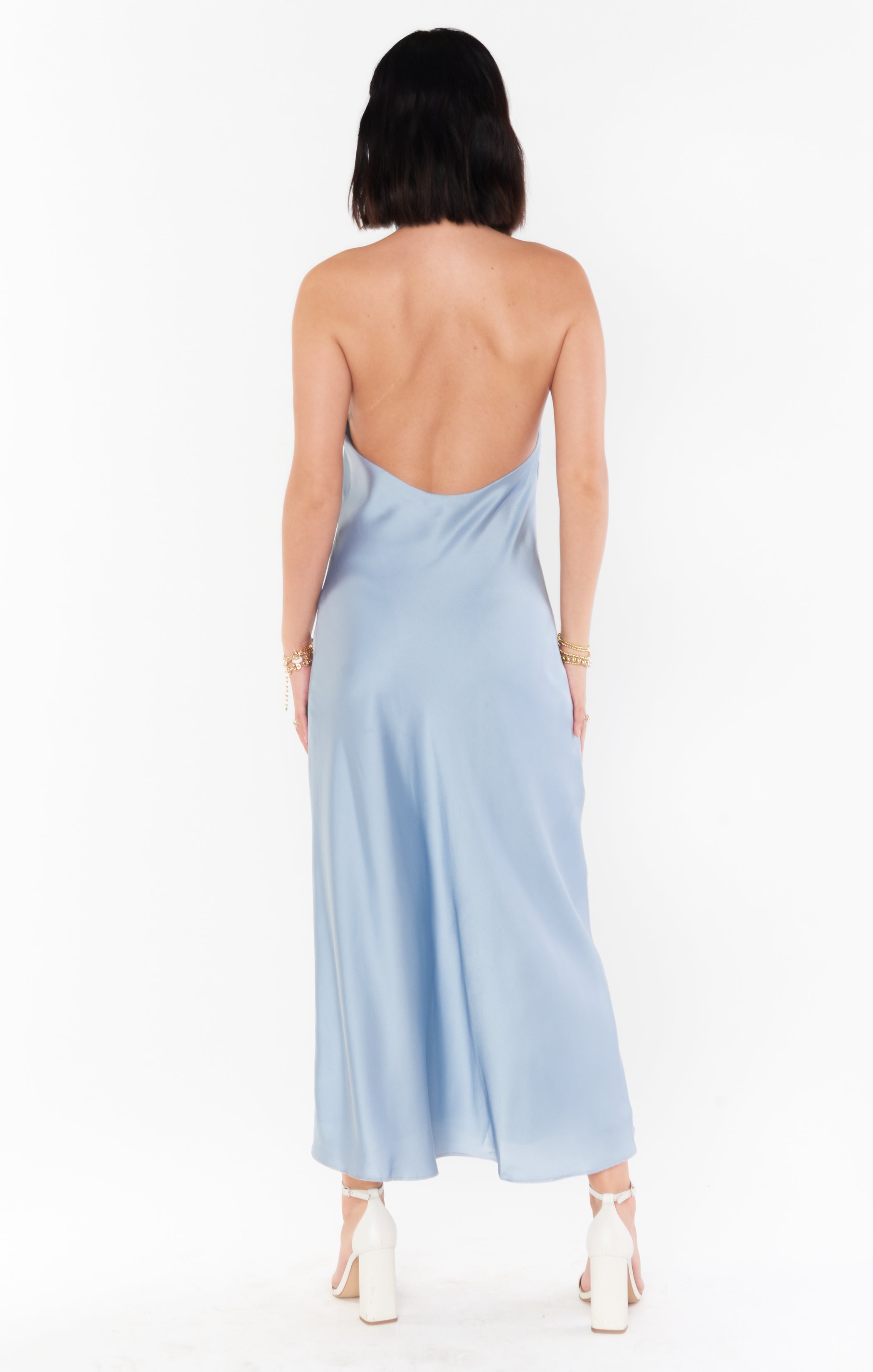 Jasmine Halter Midi Dress ~ Steel Blue Luxe Satin