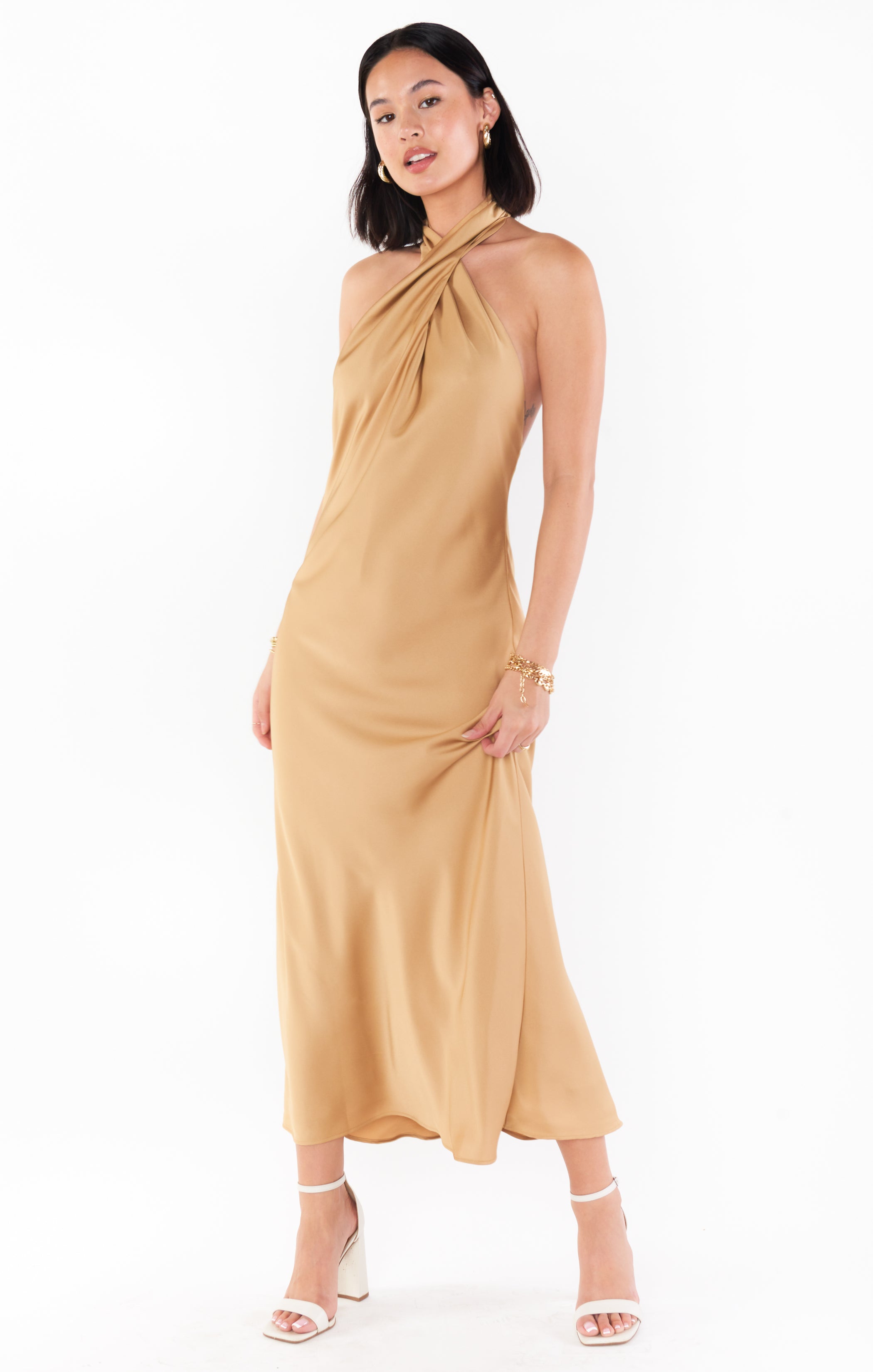 Jasmine Halter Midi Dress ~ True Gold Luxe Satin