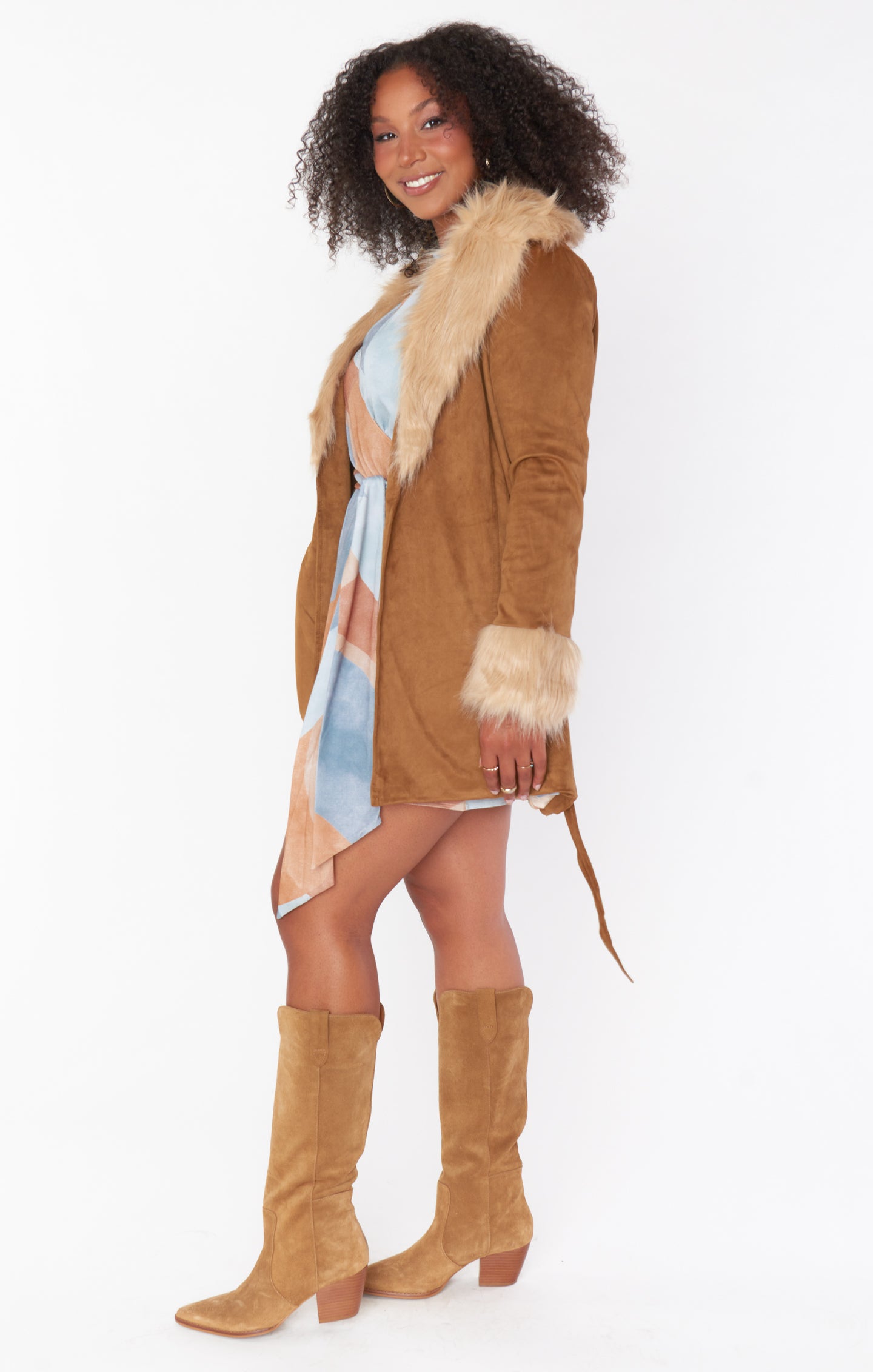 Kacey Coat ~ Tan Faux Suede w/ Faux Fur