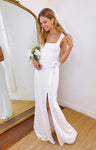 Fitted Stretchy Slit Square Neck Maxi Dress With a Sash