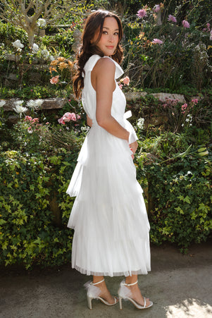 Zoey Blue & White Strapless Midi Bridal Shower & Wedding Guest
