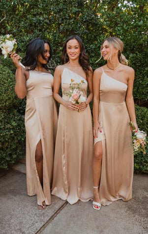 Champagne Bridesmaid & Wedding Guest Dresses - Satin & Chiffon – Show Me  Your Mumu