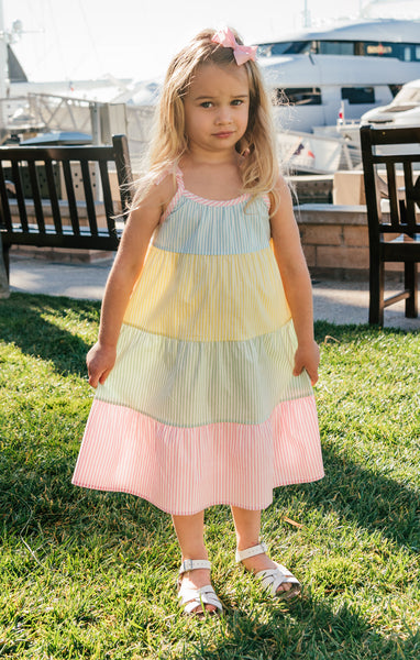 Sabrina Neck Striped Print Tiered Spring Dress With a Bow(s)