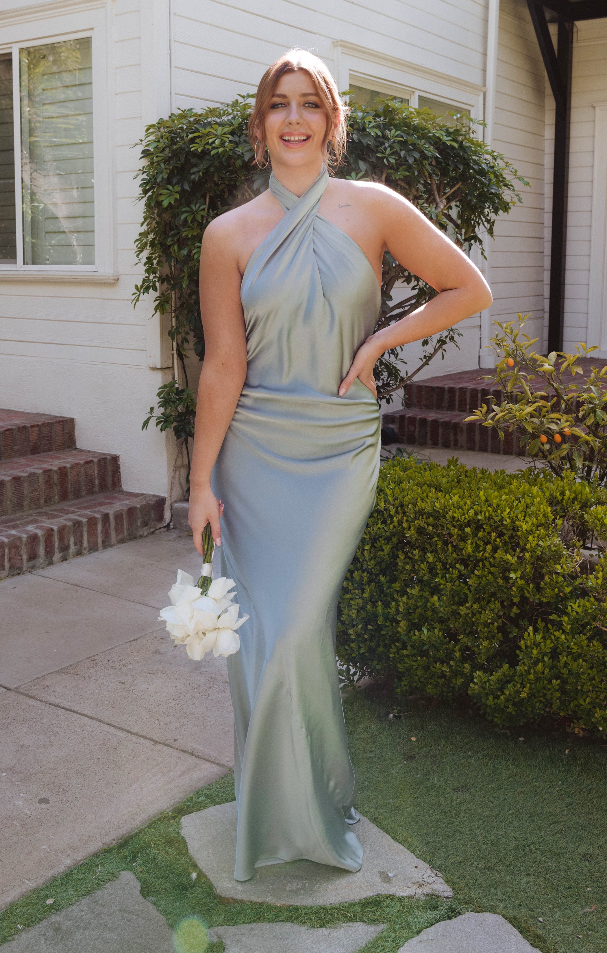 Jasmine Halter Maxi Dress ~ Silver Sage Luxe Satin