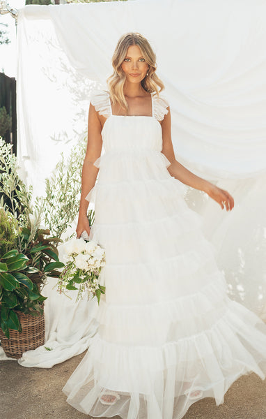 Empire Waistline Tulle Flutter Sleeves Tiered Maxi Dress With Ruffles