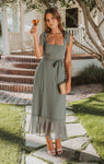 Chiffon Smocked Square Neck Flowy Slit Fitted Midi Dress With a Bow(s) and a Sash