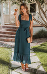 Smocked Square Neck Slit Fitted Flowy Chiffon Midi Dress With a Bow(s) and a Sash