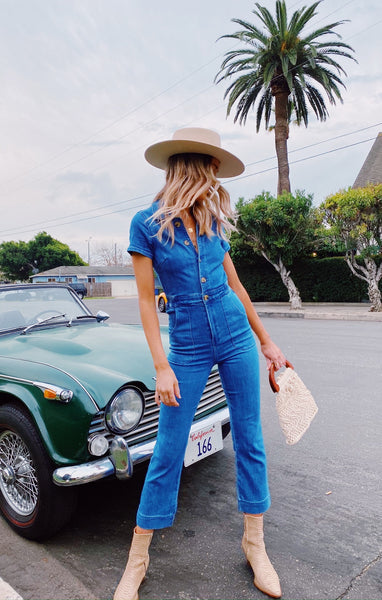 Denim Fit-and-Flare Button Front Pocketed Fitted Jumpsuit