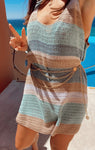 Knit Short Mermaid Striped Print Summer Scoop Neck Beach Dress/Cover Up